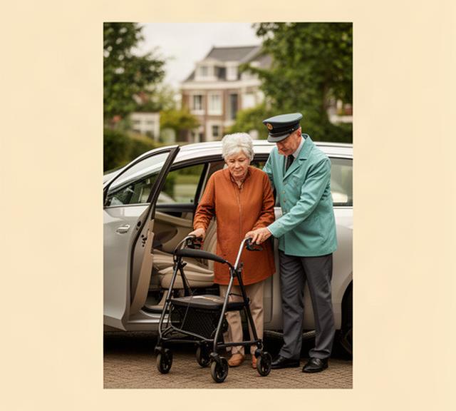 Senior vrouw met rollator stapt met hulp van een chauffeur in een comfortabele auto in Lisse