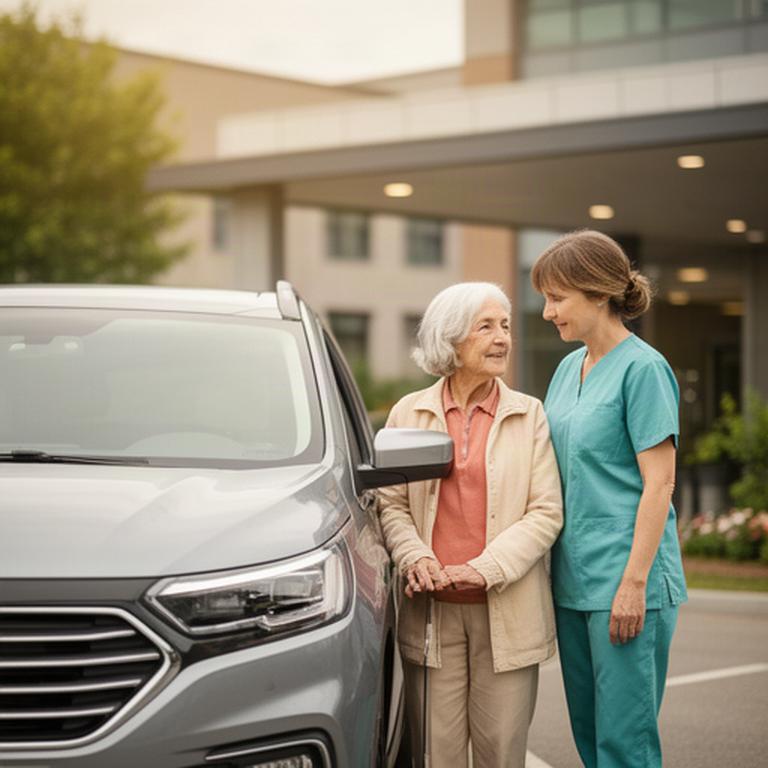 Senior vrouw met mantelzorger naast een comfortabele auto bij een ziekenhuisingang