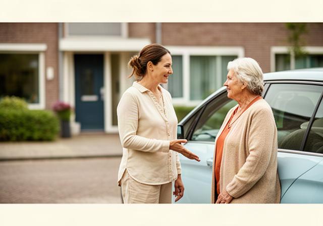 Mantelzorger en oudere vrouw praten naast een personenauto bij een woning in Lisse