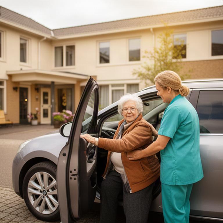 Senior vrouw stapt met begeleiding in een comfortabele auto bij een woning in Lisse