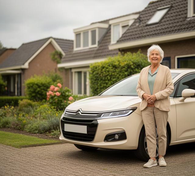 Senior vrouw naast een comfortabele auto bij haar woning in Lisse, klaar voor verzorgd vervoer