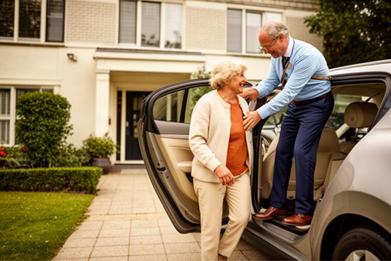 Senior stapt met hulp van een chauffeur in een comfortabele auto bij een woning in Lisse