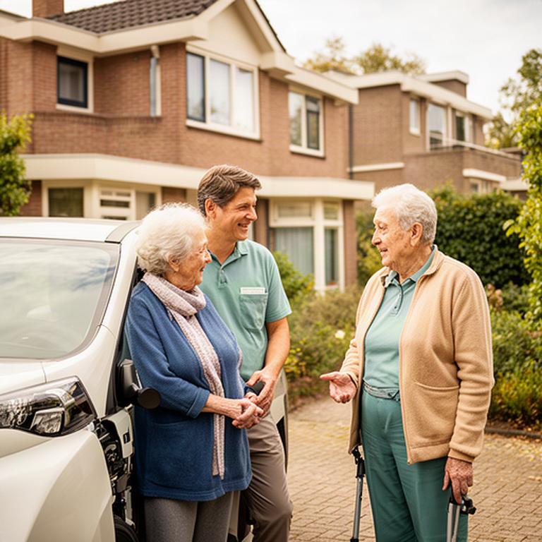 Vaste chauffeur praat met een senior naast een aangepaste auto bij een woning in Lisse