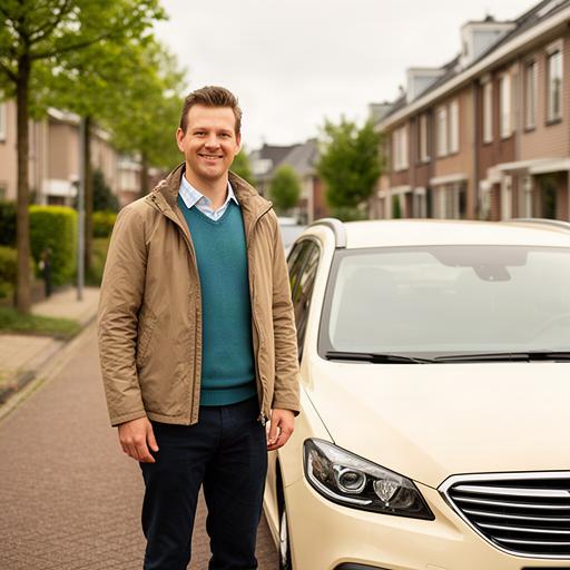 Vriendelijke chauffeur staat naast een personenauto bij een rustige straat in Lisse