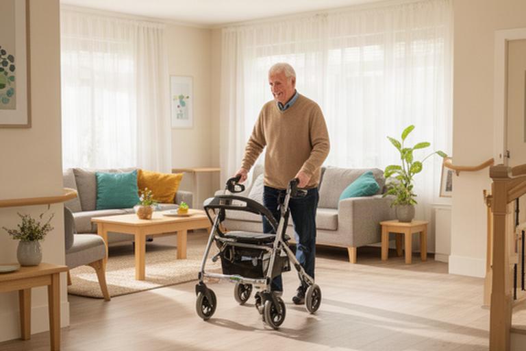 Oudere man loopt veilig met een rollator door een opgeruimde woonkamer met daglicht